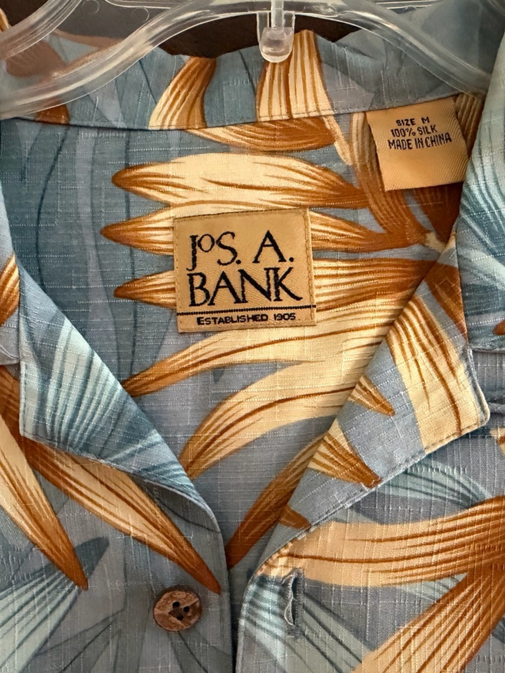 Jos. A. Bank 100% silk Shirt - Gray & Yellow Leaf Print Tropic breathable cool - Picture 2 of 7
